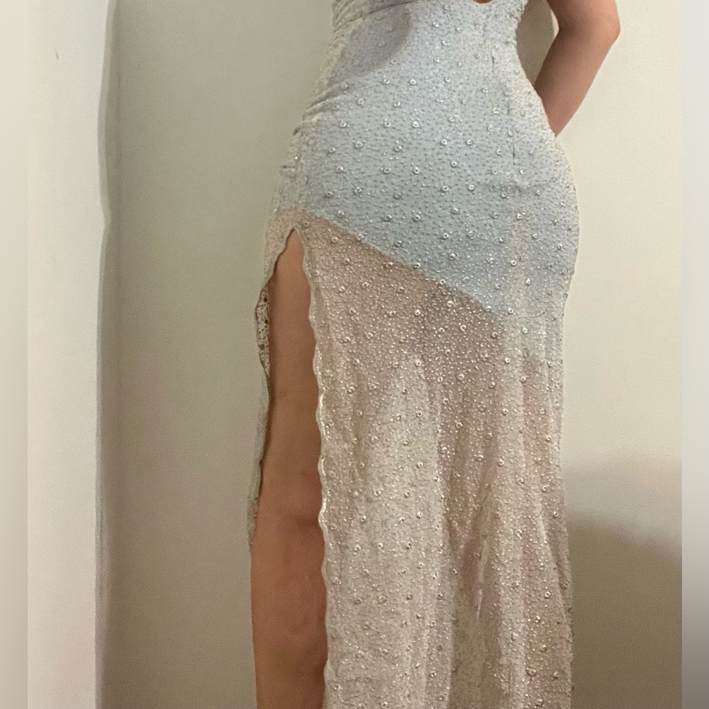 Beaded prom dress, formal dress, or pageant evening gown high slit